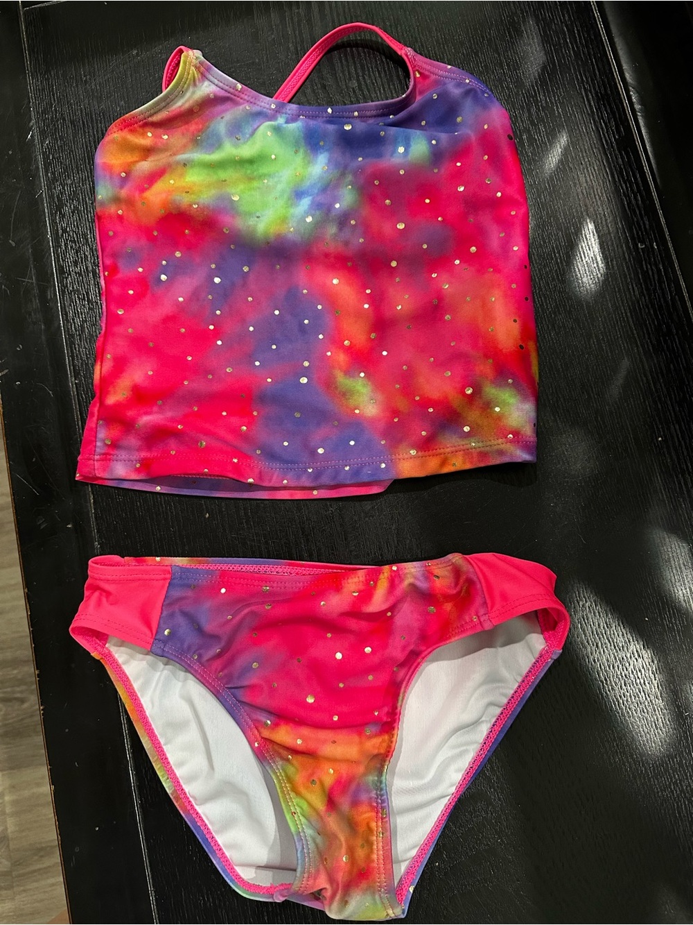 Girls Two-Piece Tankini Set - Neon Tie-Dye with Sparkle